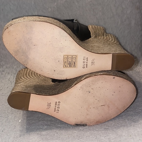 Gucci Black ‘Tiffany’ Peep Toe Espadrille Wedge Sandals size 38.5 - Picture 5 of 10